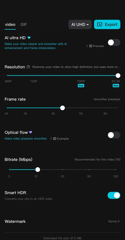 CapCut 4K export interface