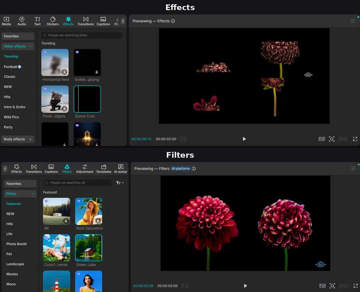 CapCut for PC filters and effects