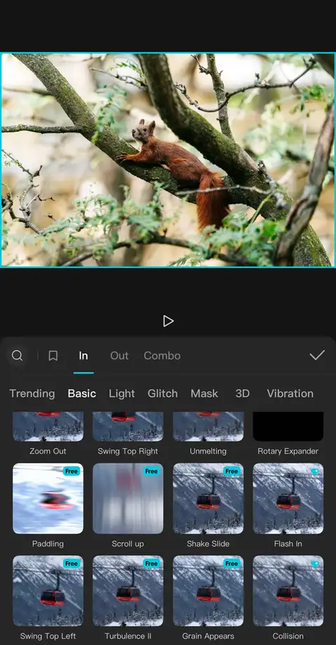 CapCut animations and transitions interface